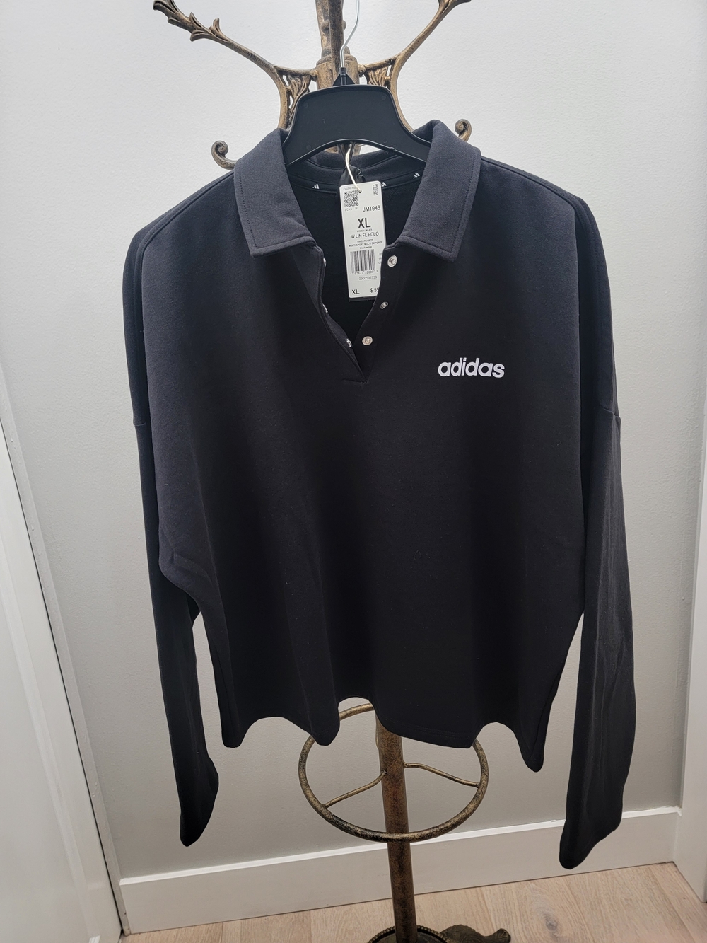 adidas Black Long-Sleeve Polo Sweatshirt with White Logo
